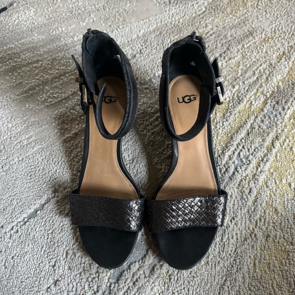 Ugg Char Mar Ankle Strap Black braided Leather Mini Wedge Sandals Size 8 - Picture 5 of 9